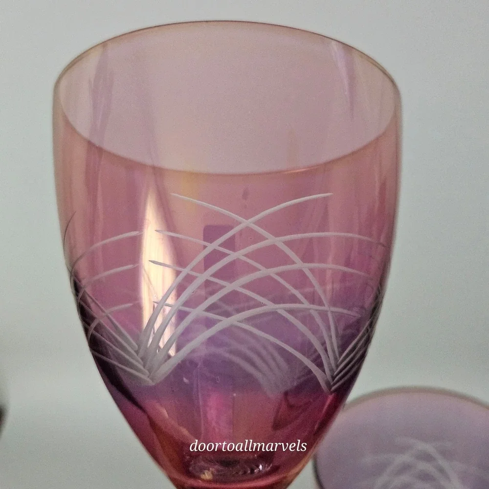 2 VTG Bohemian Hand-Blown Cranberry Cut-to-Clear Wine Glasses Optic Ball Stem